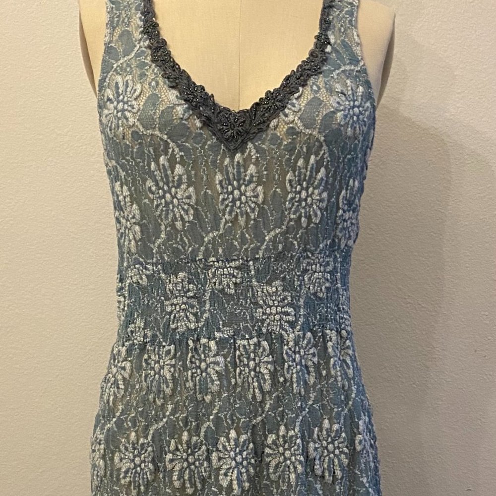 Free People Sheer Beaded V Neck Midi Dress Blue S
